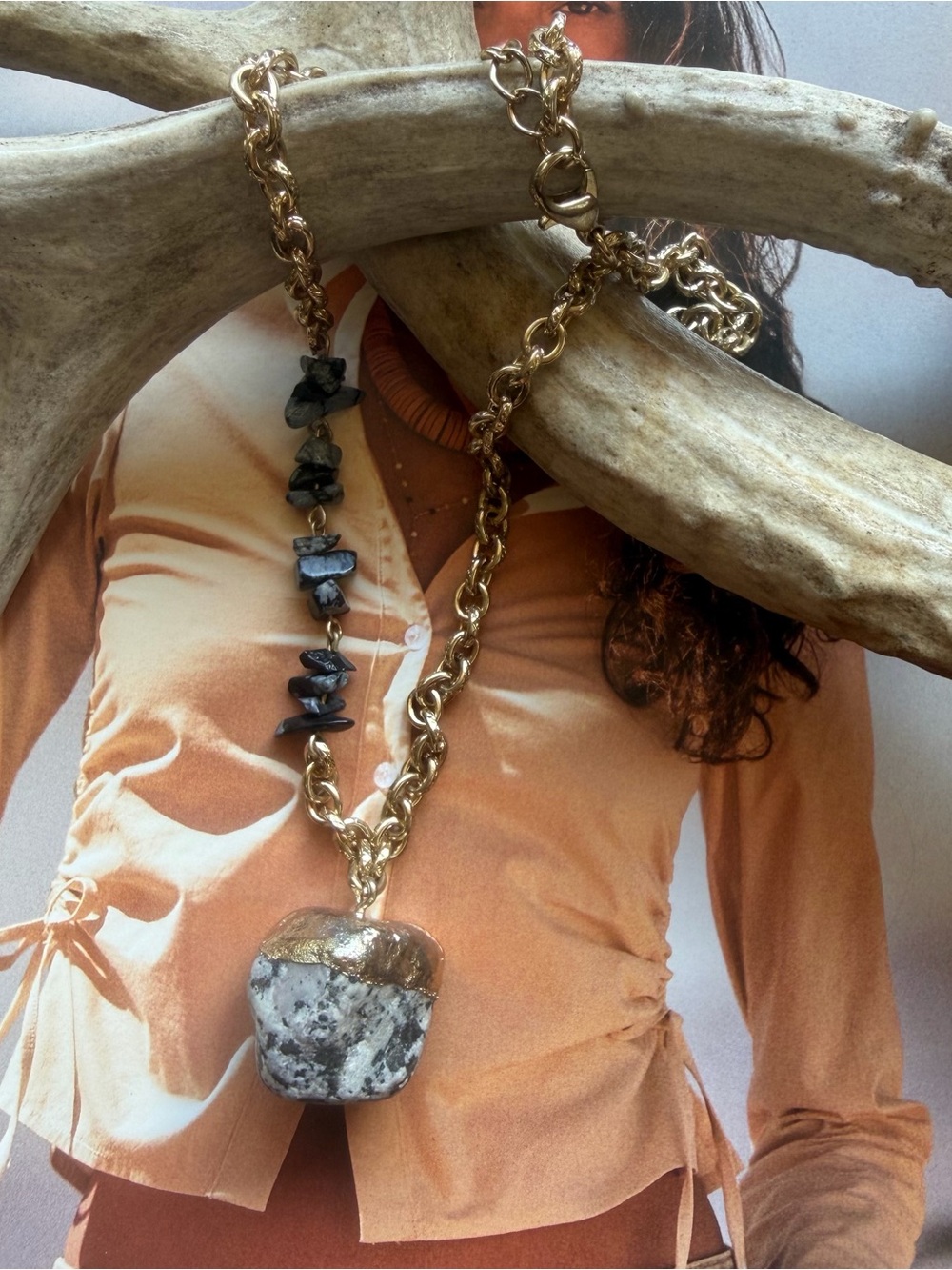 Gold Chain Necklace with Raw Snowflake Obsidian Stone Pendant & Black Chip Beads